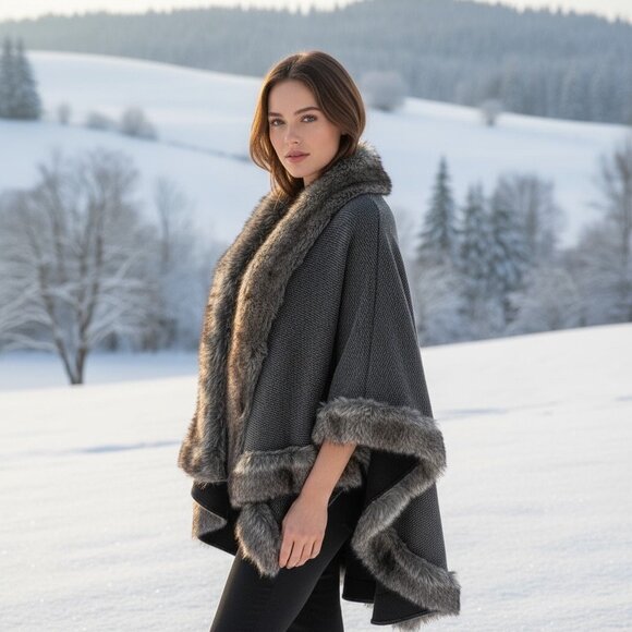 QED London Romantic Gray Faux Fur Trimmed Knit Cape Size M/L - Picture 2 of 7